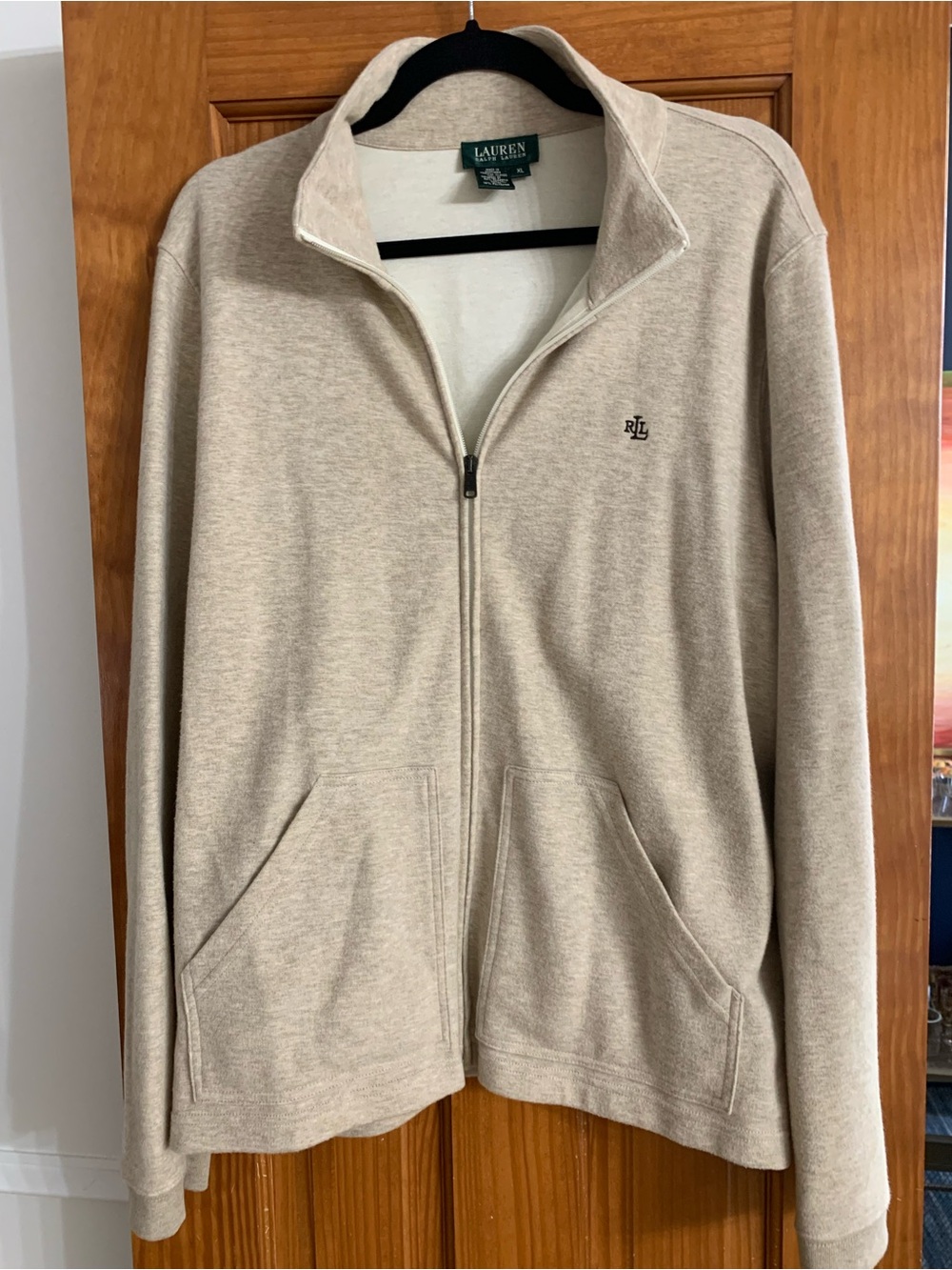 Ralph Lauren Heathered Taupe Full-Zip Varsity Jacket with Elbow Patches